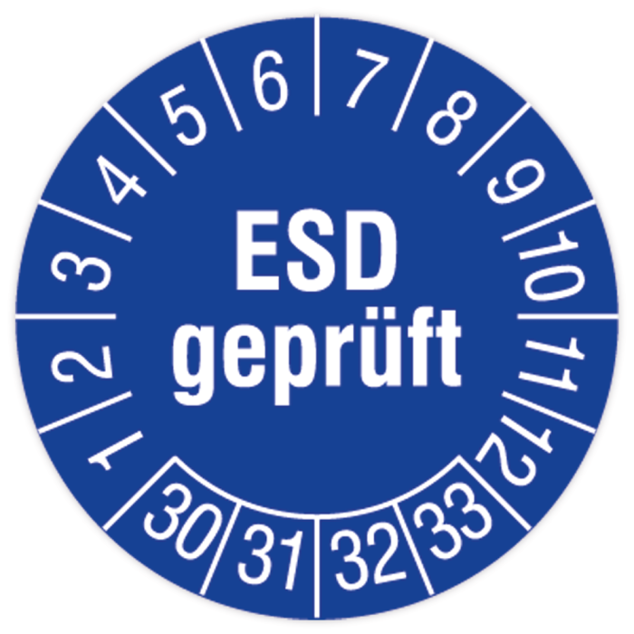 Prüfplakette, ESD geprüft, Jahr 2030 - 2033, in verschiedenen Ausführungen