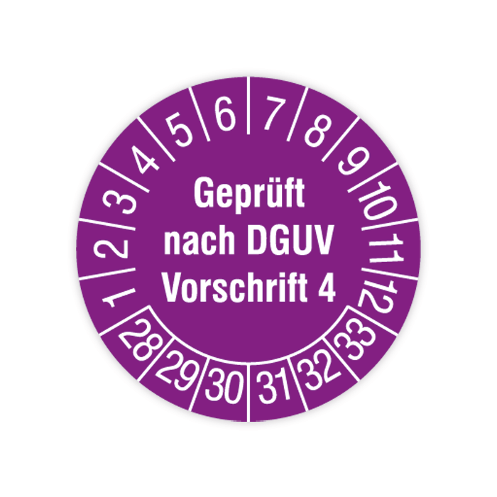 Prüfplakette, Geprüft nach DGUV Vorschrift 4, 2028 - 2033, verschiedene Ausführungen