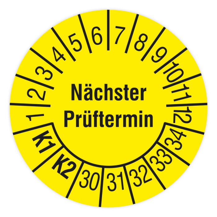 Prüfplakette, Nächster Prüftermin K1/K2, 2030 - 2034, auf Rolle, in verschiedenen Ausführungen