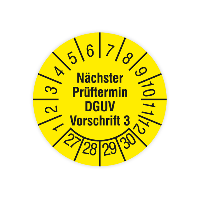 Prüfplakette, Nächster Prüftermin DGUV Vorschrift 3, 2027, verschiedene Ausführungen