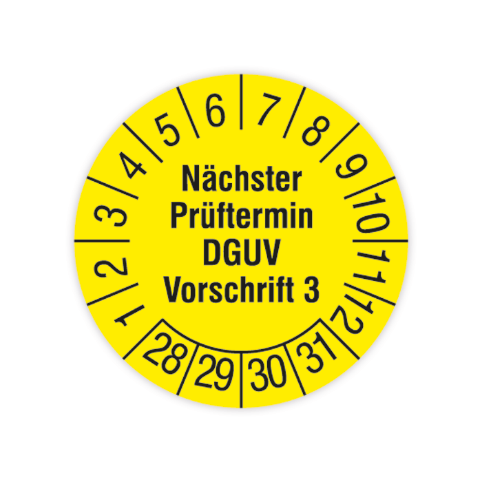 Prüfplakette, Nächster Prüftermin DGUV Vorschrift 3, 2028 - 2031, verschiedene Ausführungen