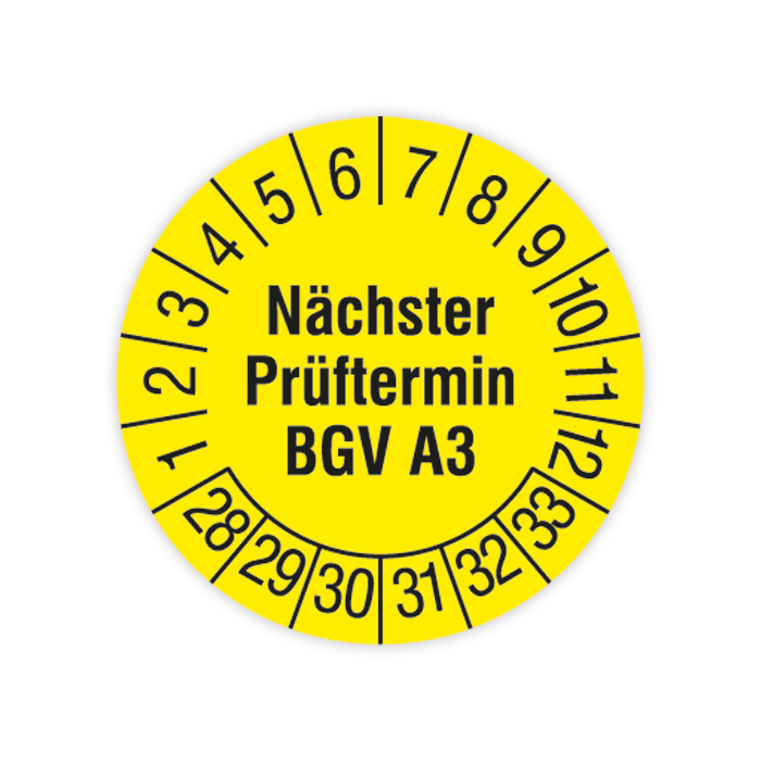 Prüfplakette, Nächster Prüftermin BGV A3, 2028 - 2033, verschiedene Ausführungen