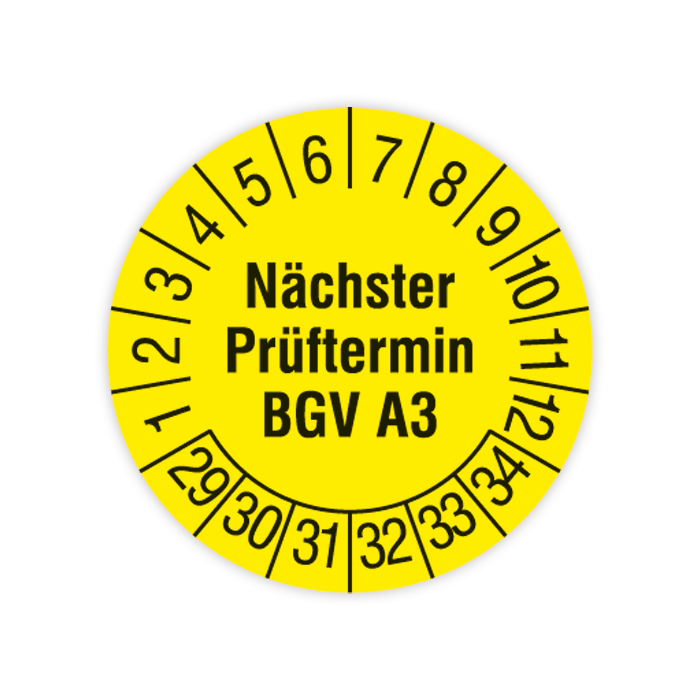 Prüfplakette, Nächster Prüftermin BGV A3, 2029 - 2034, auf Rolle, in verschiedenen Ausführungen