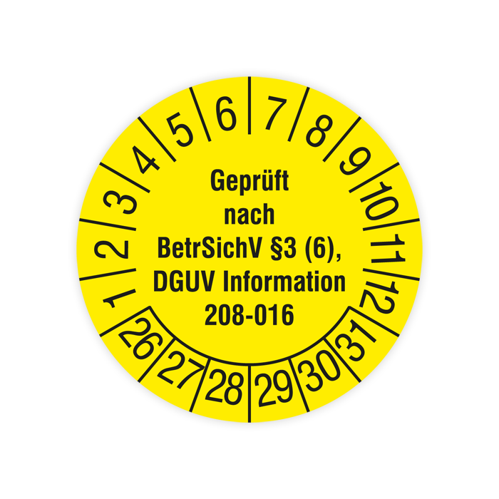 Prüfplakette, Geprüft nach BetrSichv §3 (6), DGUV Information 208-016, 2026, versch. Ausführungen