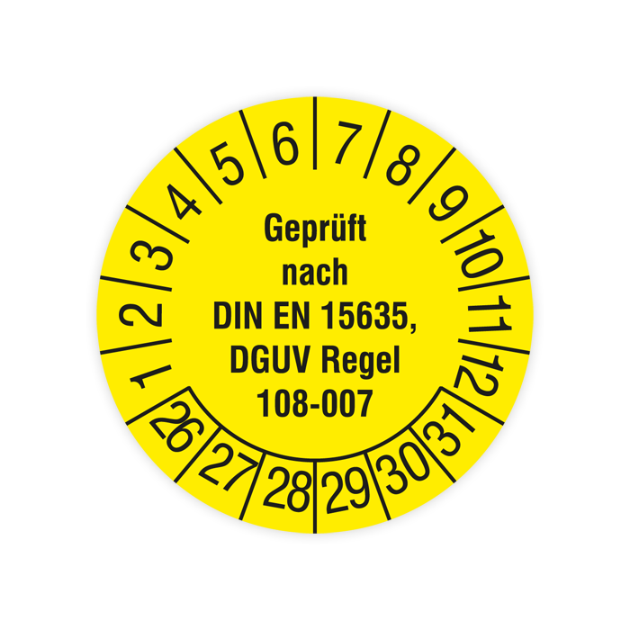 Prüfplakette, Geprüft nach DIN EN 15635, DGUV Regel 108-007, 2026, verschiedene Ausführungen