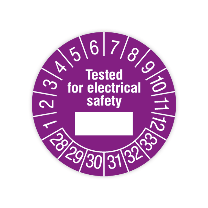 Prüfplakette, Tested for electrical safety, 2028 - 2033, verschiedene Ausführungen