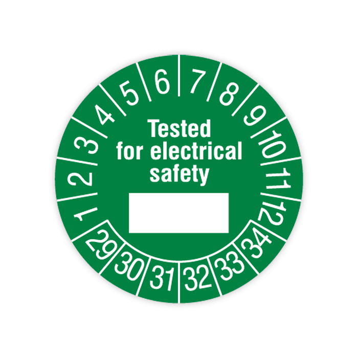 Prüfplakette, Tested for electrical safety, 2029 - 2034, in verschiedenen Ausführungen