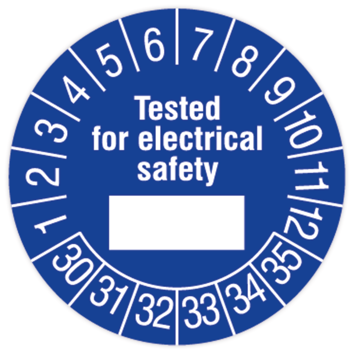 Prüfplakette, Tested for electrical safety, 2030 - 2035, in verschiedenen Ausführungen