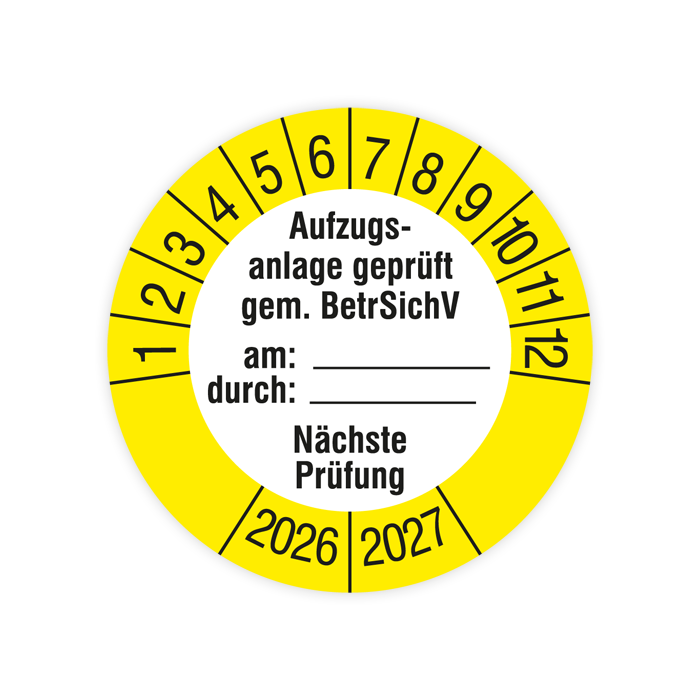 Prüfplakette, Aufzugsanlage geprüft gem. BetrSichV, 2026, verschiedene Ausführungen