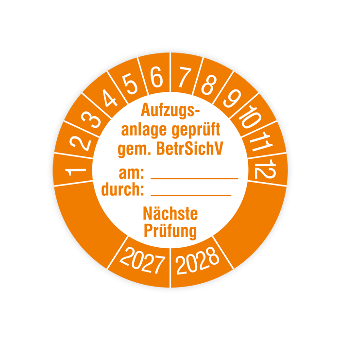 Prüfplakette, Aufzugsanlage geprüft gem. BetrSichV, 2027, verschiedene Ausführungen