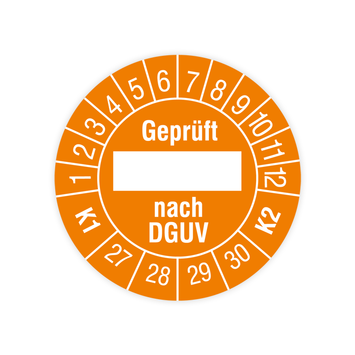Prüfplakette, Geprüft... nach DGUV, K1/K2, 2027, verschiedene Ausführungen