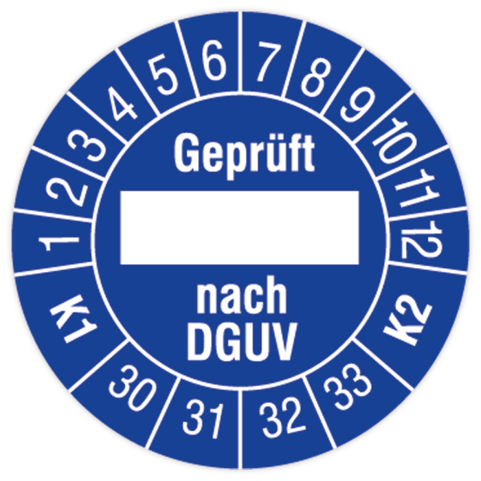 Prüfplakette, Geprüft... nach DGUV, K1/K2, 2030 - 2033, in verschiedenen Ausführungen