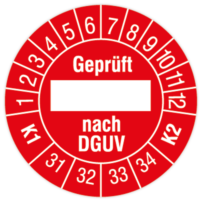 Prüfplakette, Geprüft... nach DGUV, K1/K2, 2031, Standard- /Dokumentenfolie, Ø 30 mm
