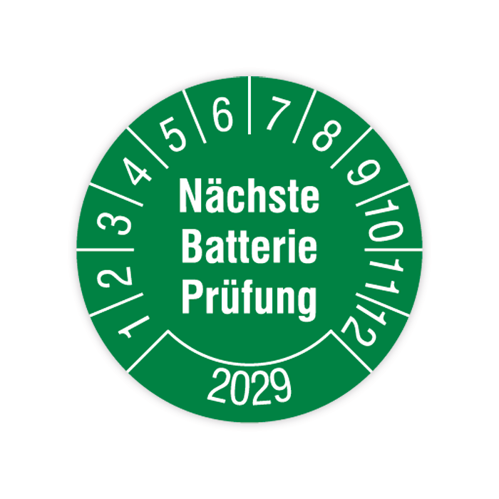 Prüfplakette, Nächste Batterie Prüfung, Jahr 2029, in verschiedenen Ausführungen