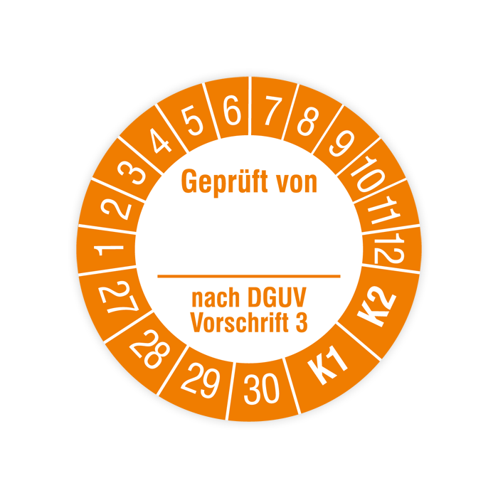 Prüfplakette, Geprüft von… nach DGUV Vorschrift 3, K1/K2, 2027, verschiedene Ausführungen