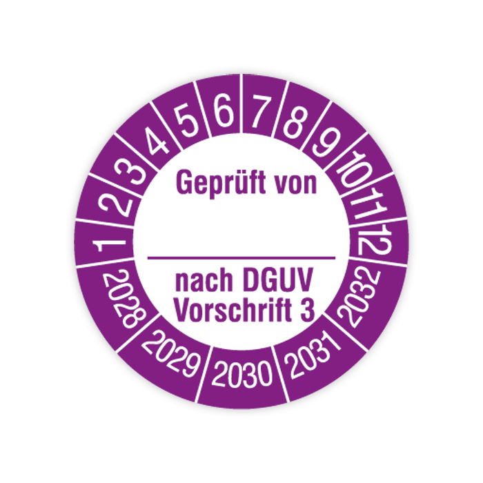 Prüfplakette, Geprüft von… nach DGUV Vorschrift 3, 2028 - 2032, verschiedene Ausführungen