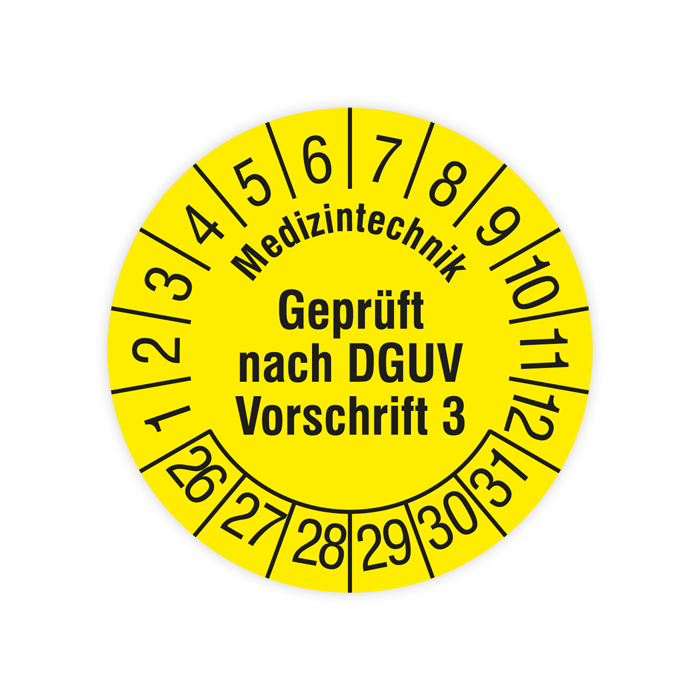 Prüfplakette, Medizintechnik Geprüft nach DGUV Vorschrift 3, 2026, verschiedene Ausführungen