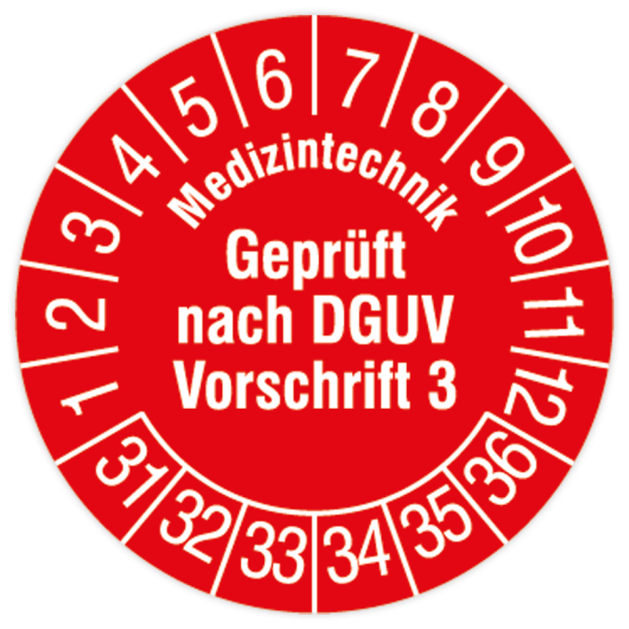 Prüfplakette, Med-Technik Gepr. n. DGUV V3, 2031, Dokumentenfolie mit Oberflächenschutz, Ø 30 mm