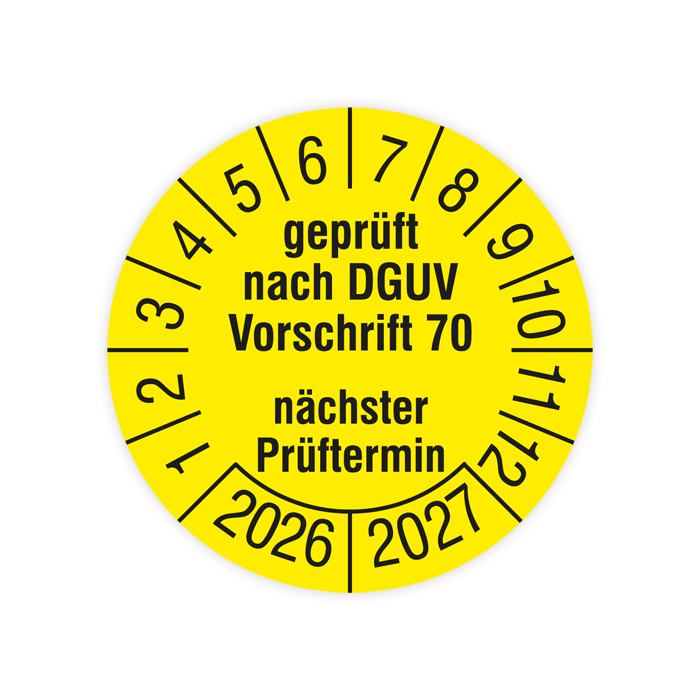 Prüfplakette, geprüft nach DGUV Vorschrift 70 nächster Prüftermin, 2026, verschied. Ausführungen