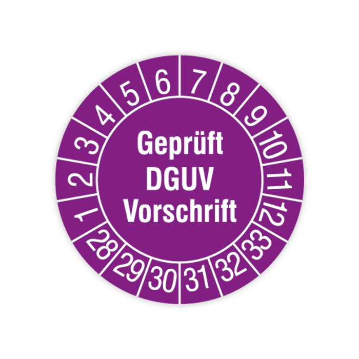 Prüfplakette, Geprüft DGUV Vorschrift, 2028 - 2033, verschiedene Ausführungen