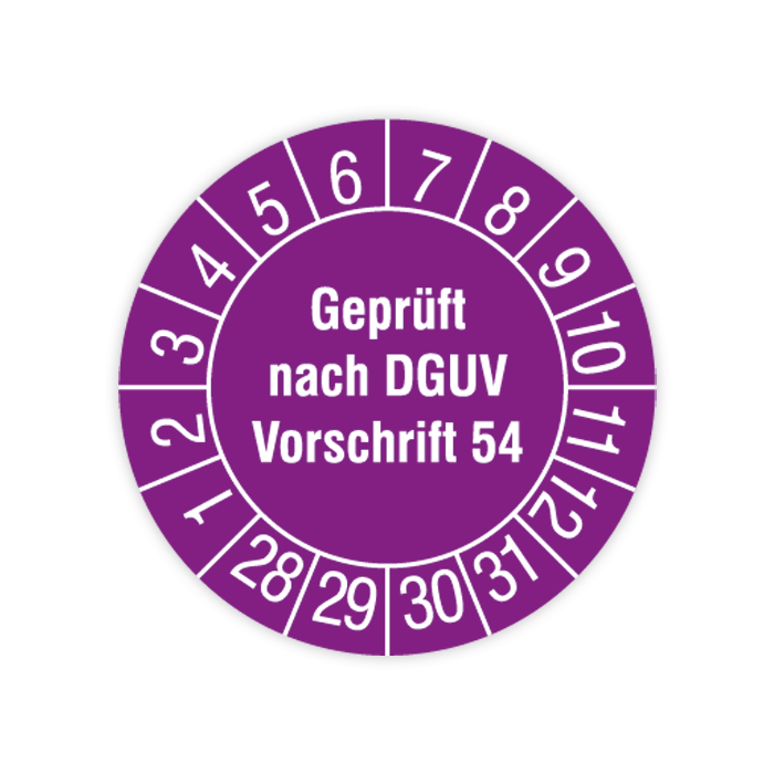 Prüfplakette, Geprüft nach DGUV Vorschrift 54, 2028 - 2031, verschiedene Ausführungen