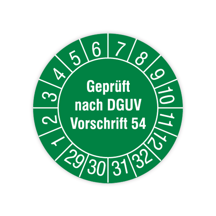 Prüfplakette, Geprüft nach DGUV Vorschrift 54, 2029 - 2032, in verschiedenen Ausführungen