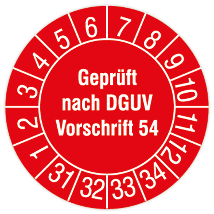 Prüfplakette, Geprüft nach DGUV Vorschrift 54, 2031 - 2034, Standardfolie, Ø 30 mm