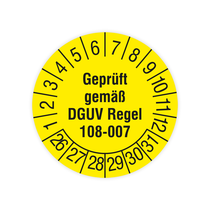 Prüfplakette Lager, Geprüft gemäß DGUV Regel 108-007, 2026, verschiedene Ausführungen
