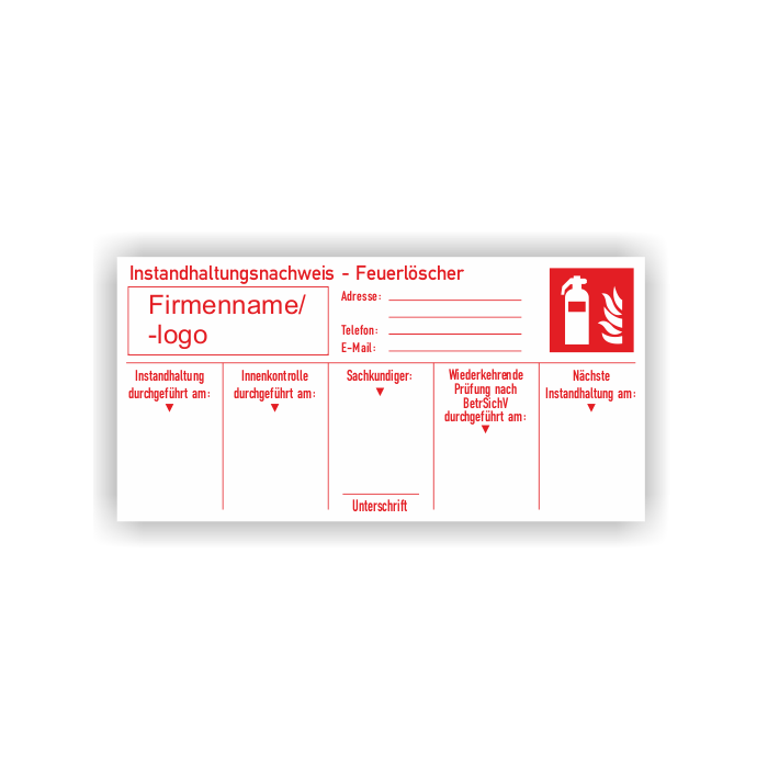 Instandhaltungsnachweis für Feuerlöscher, individuell mit Ihrem Firmenlogo, Beschriftung rot