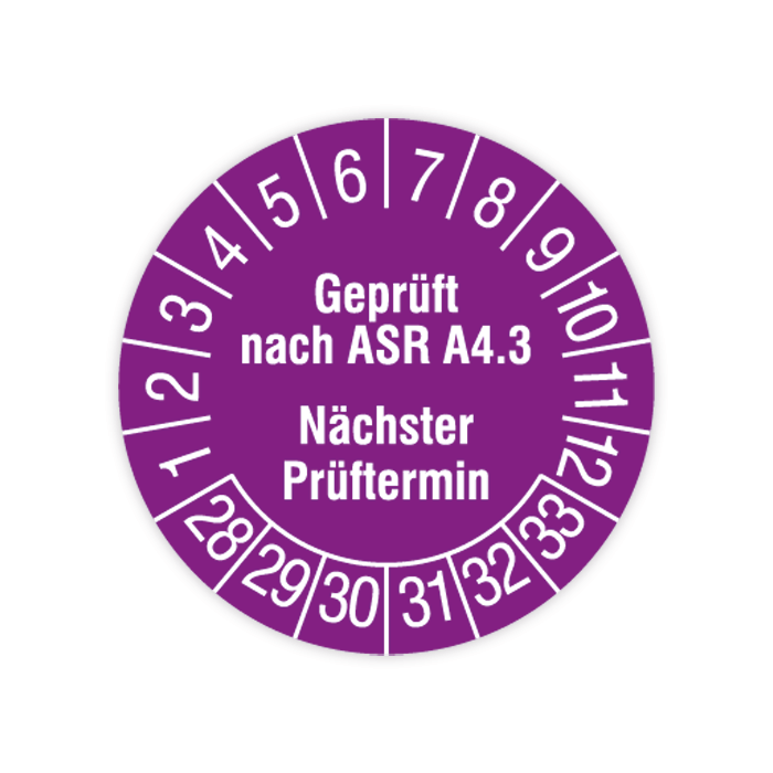 Prüfplakette Erste Hilfe Ausrüstung, Geprüft nach ASR A4.3, 2028 - 2033, verschiedene Ausführungen