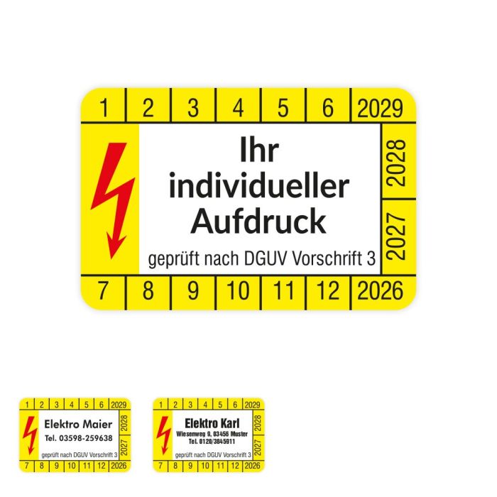 Prüfplakette mit Firmenaufdruck rechteckig, DGUV Vorschrift 3, 144/Heft, in verschied. Ausführungen
