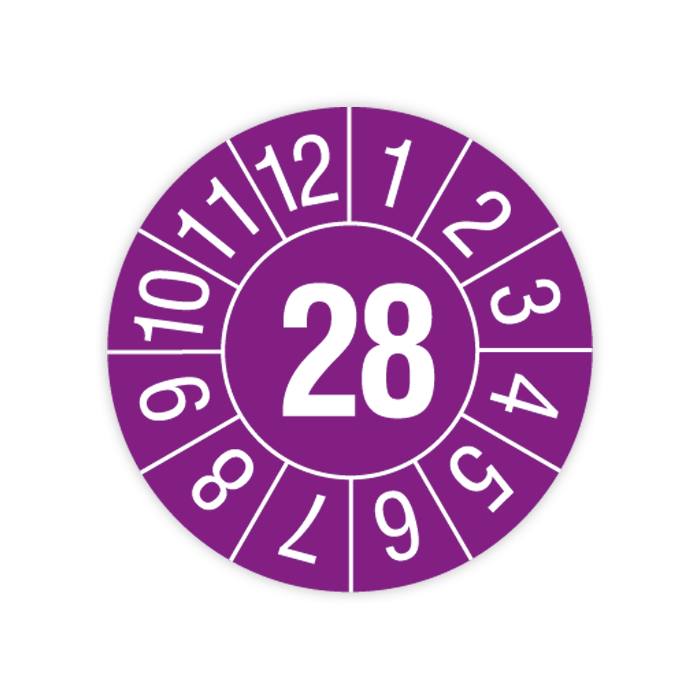 Prüfplakette Jahr mit Monaten, Jahr 2028, Jahresfarben, verschiedene Ausführungen