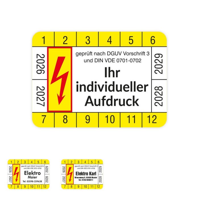 Prüfplakette mit Wunschtext rechteckig, DGUV Vorschrift 3, 72/Heft, verschiedene Ausführungen