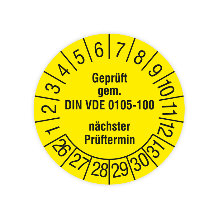 Prüfplakette, Geprüft gem. DIN VDE 0105-100, n.  Prüftermin, 2026, verschiedene Ausführungen