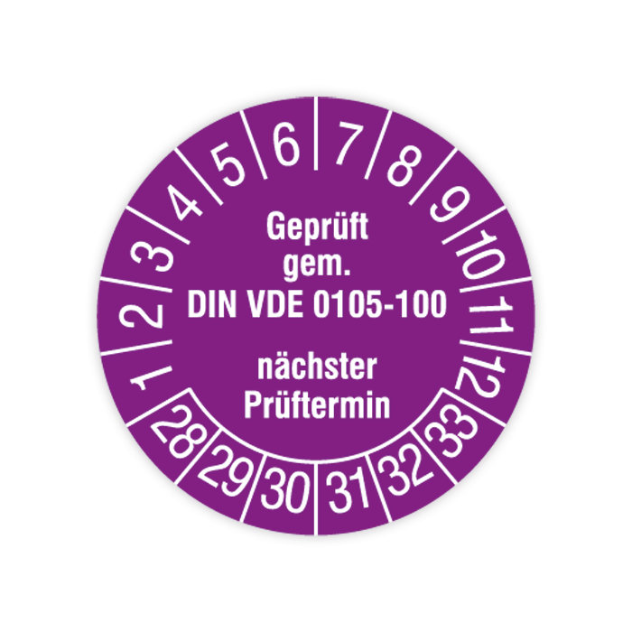 Prüfplakette, Geprüft gem. DIN VDE 0105-100, n. Prüftermin, 2028 - 2033, verschiedene Ausführungen