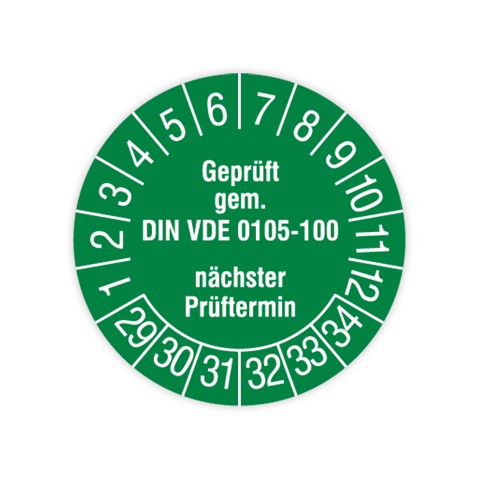 Prüfplakette, Geprüft gem. DIN VDE 0105-100, nächster Prüftermin, 2029, verschied. Ausführungen