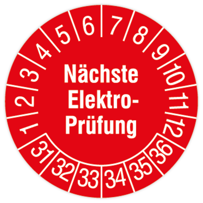 Prüfplakette, Nächste Elektro-Prüfung, 2031 - 2036, Standard- /Dokumentenfolie, Ø 15 oder 30 mm
