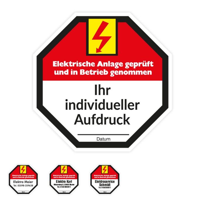 Prüfplakette mit Firmenaufdruck - mit Standardtext Elektr. Anlage, 48/Heft, verschied. Ausführungen