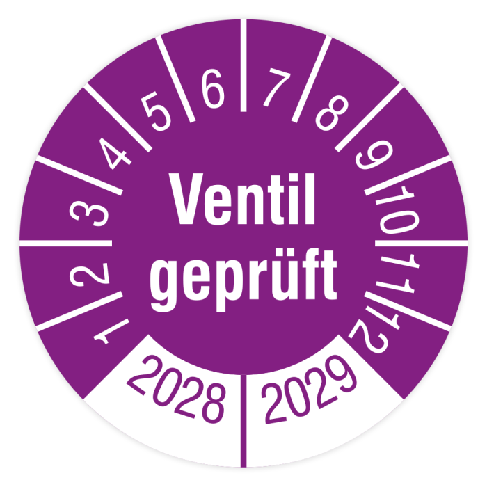 Prüfplakette, Ventil geprüft, 2028 - 2029, verschiedene Ausführungen