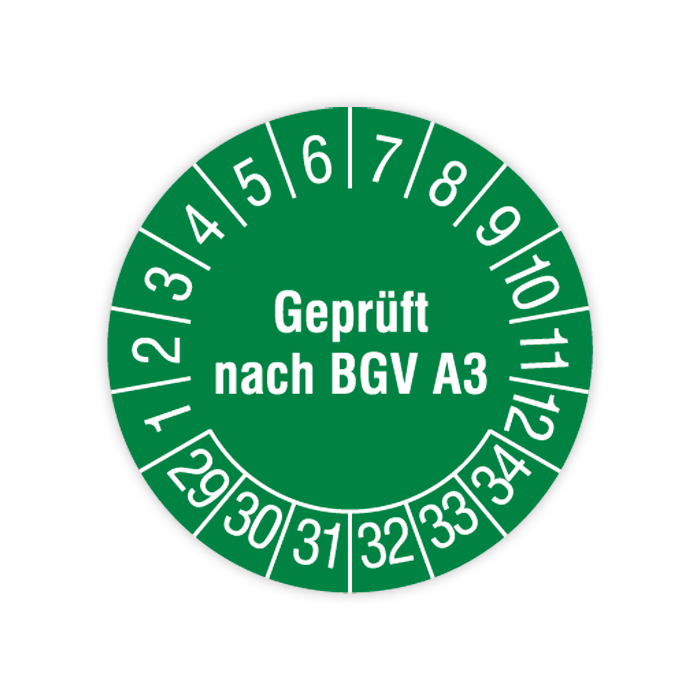 Prüfplakette, Geprüft nach BGV A3, 2029 - 2034, in verschiedenen Ausführungen