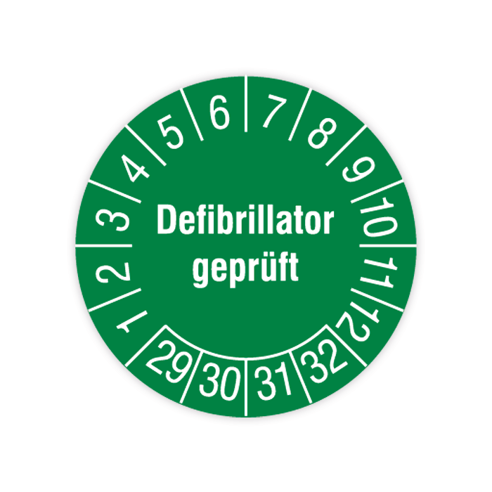 Prüfplakette, Defibrillator geprüft, 2029 - 2032, in verschiedenen Ausführungen