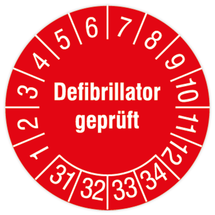 Prüfplakette, Defibrillator geprüft, 2031 - 2034, Dok.folie mit Oberflächenschutz, Ø 30 mm