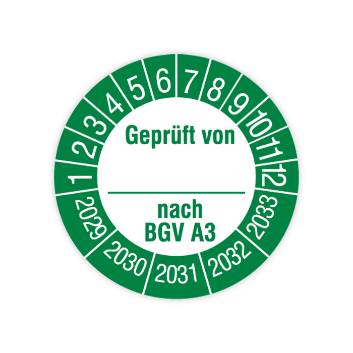 Prüfplakette, Geprüft von… nach BGV A3, 2029 - 2033, in verschiedenen Ausführungen