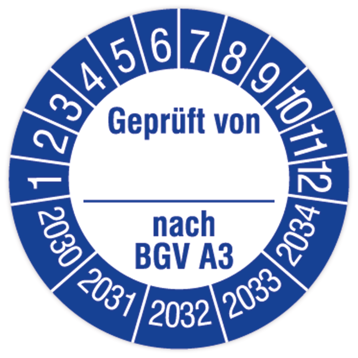 Prüfplakette, Geprüft von… nach BGV A3, 2030 - 2034, in verschiedenen Ausführungen