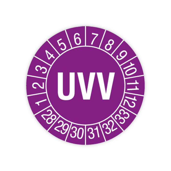 Prüfplakette Unfallverhütungsvorschrift, UVV, 2028 - 2033, verschiedene Ausführungen