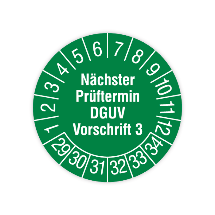 Prüfplakette, Nächster Prüftermin- DGUV Vorschrift 3, 2029 - 2034, in verschiedenen Ausführungen