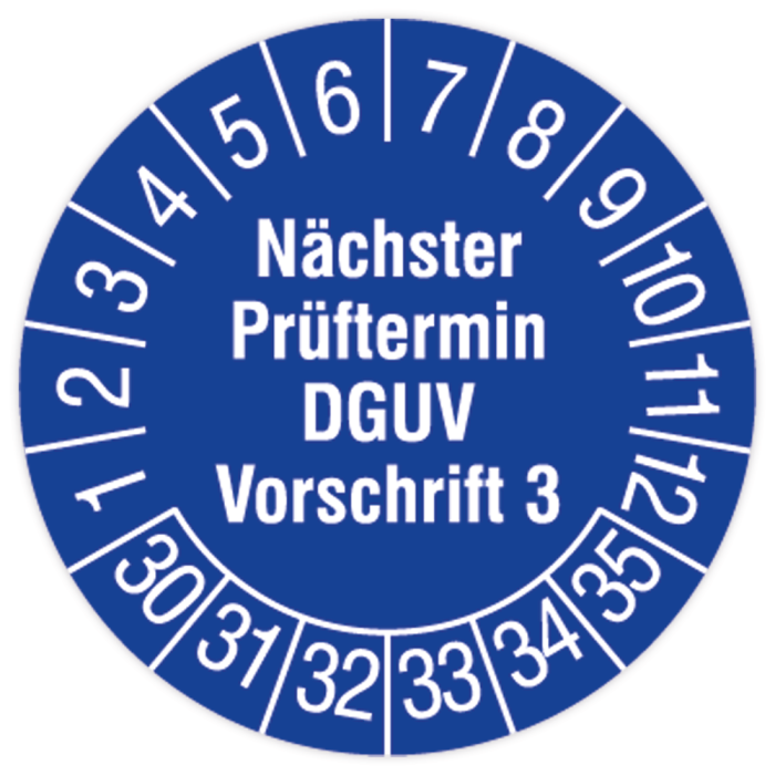 Prüfplakette, Nächster Prüftermin- DGUV Vorschrift 3, 2030 - 2035, in verschiedenen Ausführungen