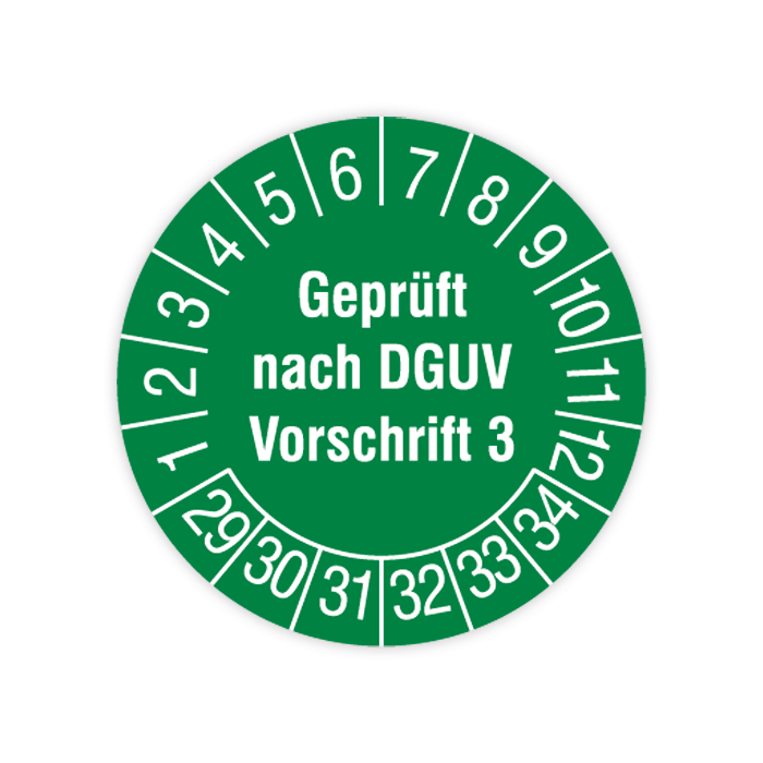 Prüfplakette, Geprüft nach DGUV Vorschrift 3, 2029 - 2034, in verschiedenen Ausführungen
