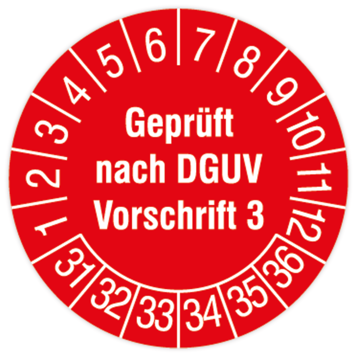 Prüfplakette, Geprüft nach DGUV Vorschrift 3, 2031, Standard- /Dok.folie, Ø 15, 20 oder 30 mm