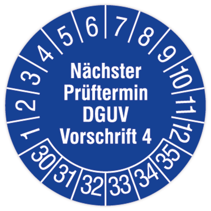 Prüfplakette, Nächster Prüftermin- DGUV Vorschrift 4, 2030 - 2035, in verschiedenen Ausführungen